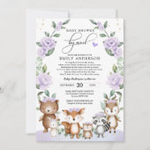 Invitation Baby shower d'animaux de bois floraux pourpres (Devant)