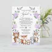 Invitation Baby shower d'animaux de bois floraux pourpres (Debout devant)