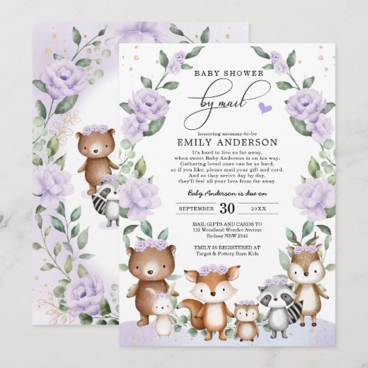 Invitation Baby shower d'animaux de bois floraux pourpres (Devant / Derrière)