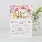 Invitation Baby shower d'animaux de bois floraux violets Invi (Debout devant)