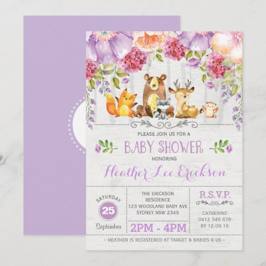 Invitation Baby shower d'animaux de bois floraux violets Invi (Devant / Derrière)