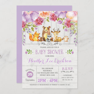 Invitation Baby shower d'animaux de bois floraux violets Invi
