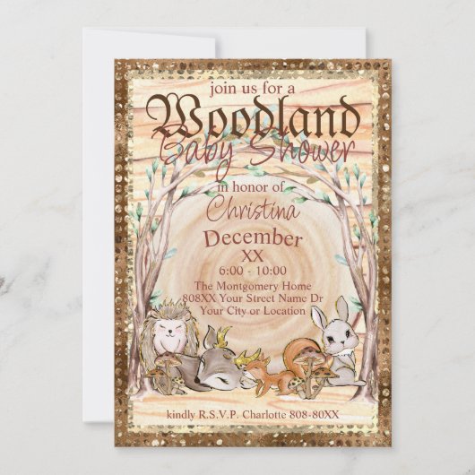Invitation Baby shower d'animaux de bois glamour (Devant)