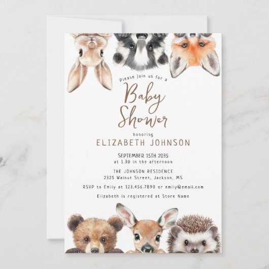 Invitation Baby shower d'animaux de bois mignons (Devant)