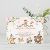 Invitation Baby shower d'animaux de bois rose floral (Debout devant)