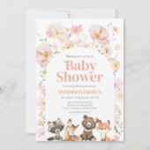Invitation Baby shower d'animaux de bois rose floral (Devant)