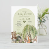 Invitation Baby shower d'animaux de bois vert Sage (Debout devant)