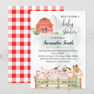 Invitation Baby shower d'animaux de ferme aquarelle pour bébé