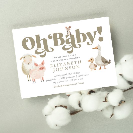Invitation Baby shower d'animaux de ferme pour bébés neutres 