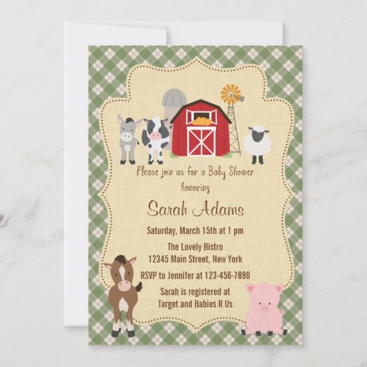Invitation Baby shower d'animaux de ferme Rustique (Devant)