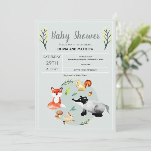 Invitation Baby shower d'animaux de forêt rustique (Debout devant)