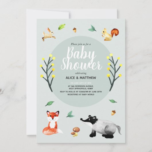 Invitation Baby shower d'animaux de forêt rustique (Devant)