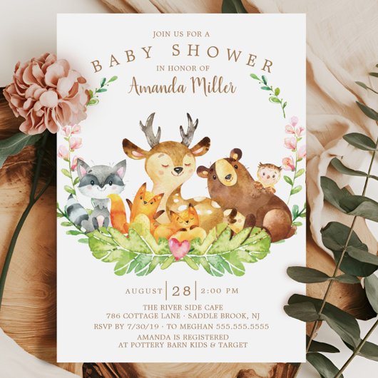 Invitation Baby shower d'animaux de forêt rustique doux