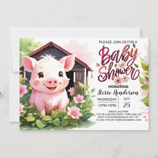 Invitation Baby shower d'animaux de la ferme de cochons flora (Devant)