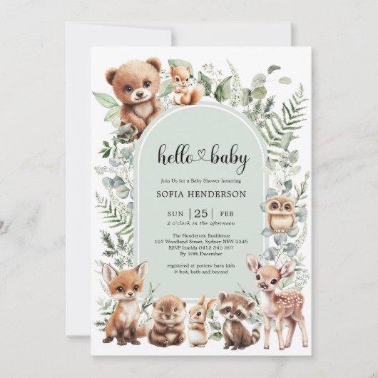 Invitation Baby shower d'animaux de la forêt à Sage (Devant)