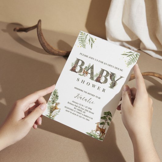 Invitation baby shower d'animaux de la forêt de la maison ouv