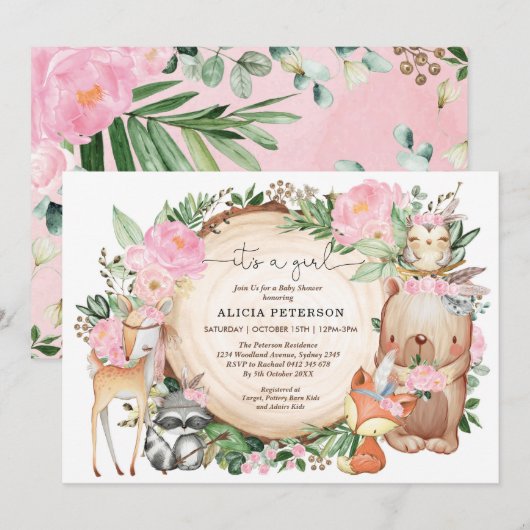 Invitation Baby shower d'animaux de la forêt tribale de fille (Devant / Derrière)