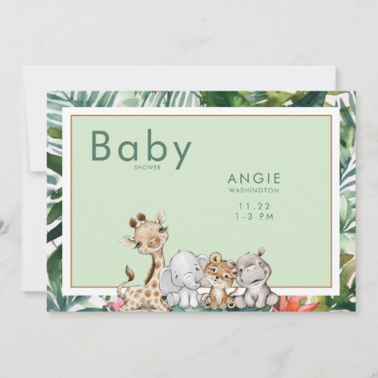 Invitation Baby shower d'animaux de la Jungle de Mint Foliage (Devant)