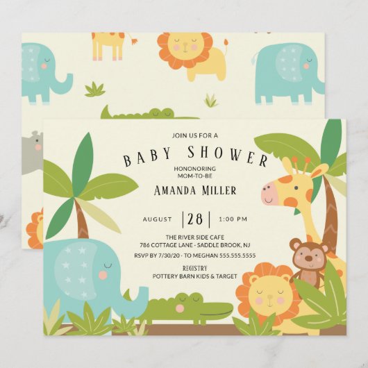 Invitation Baby shower d'animaux de la jungle mignonne (Devant / Derrière)