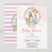 Invitation Baby shower d'animaux de la Jungle rose Floral (Devant / Derrière)
