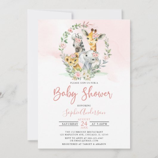 Invitation Baby shower d'animaux de la Jungle rose Floral (Devant)