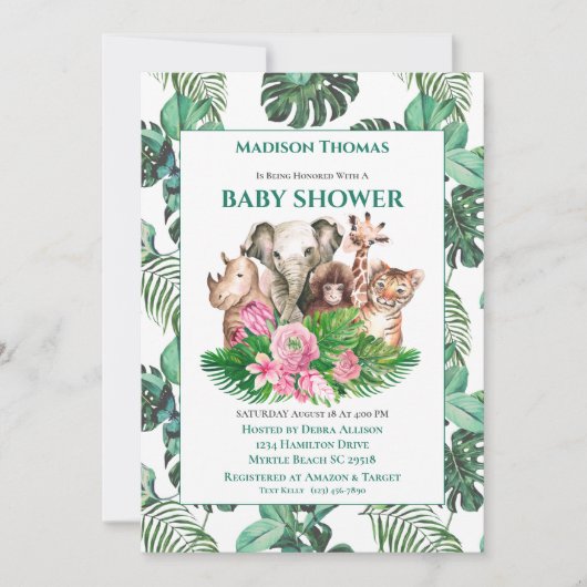 Invitation Baby shower d'animaux de la Jungle Safari (Devant)