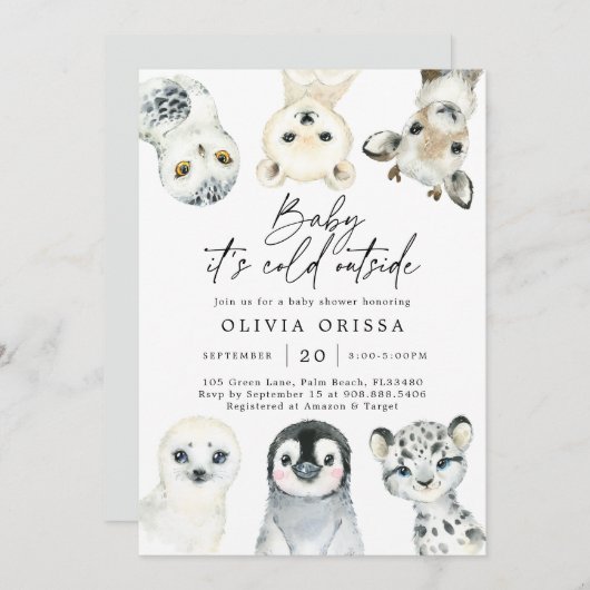 Invitation Baby shower d'animaux de l'Arctique (Devant / Derrière)