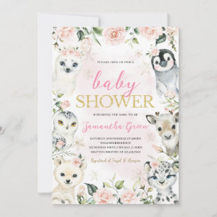 Invitation Baby shower d'animaux de l'Arctique d'hiver rose