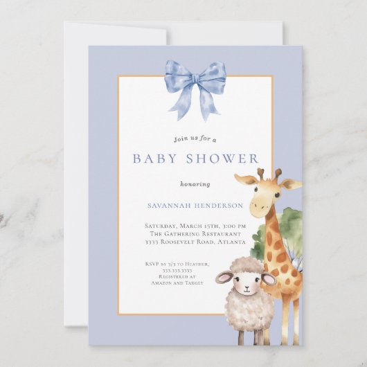 Invitation Baby shower d'animaux en bois de Bow bleu (Devant)