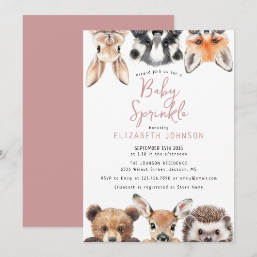 Invitation Baby shower d'animaux en bois rose mignon (Devant / Derrière)