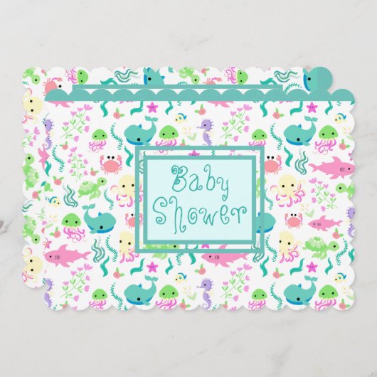 Invitation Baby shower d'animaux marins (Devant / Derrière)