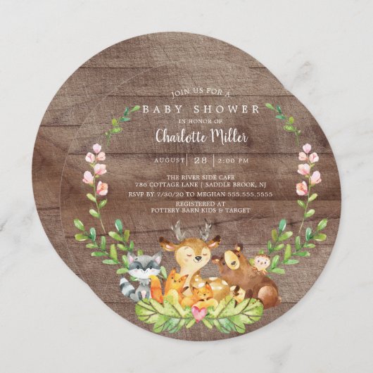 Invitation Baby shower d'animaux rustiques en bois (Devant / Derrière)