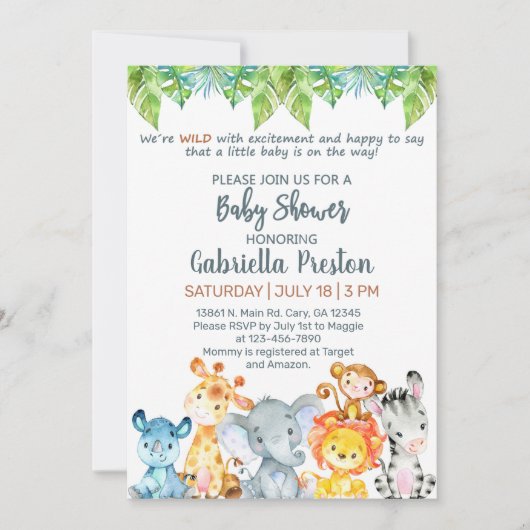 Invitation Baby shower d'animaux Safari. Blanc. (Devant)