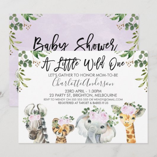 Invitation Baby shower d'animaux Safari violet clair (Devant / Derrière)