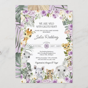 Invitation Baby shower d'animaux sauvages de la jungle violet