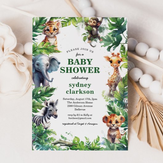 Invitation Baby shower d'animaux tropicaux de la Jungle migno
