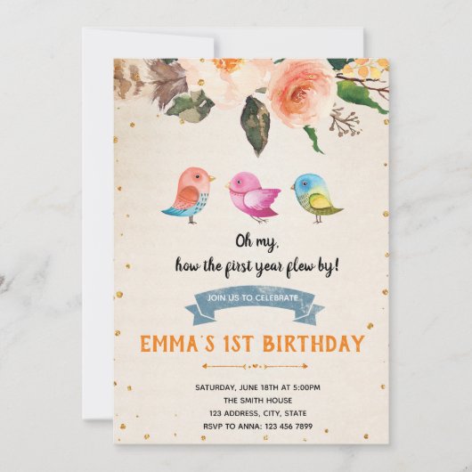 Invitation Baby shower d'anniversaire d'oiseau (Devant)