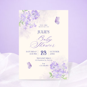 Invitation Baby shower dans un jardin fleuri violet