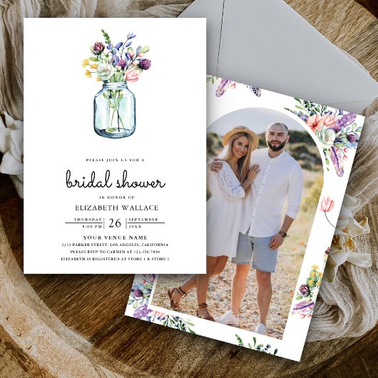 Invitation Baby Shower dans un pot Mason avec des fleurs sauv