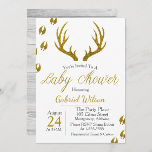 Invitation Baby shower d'antilités en or de bois gris rustiqu