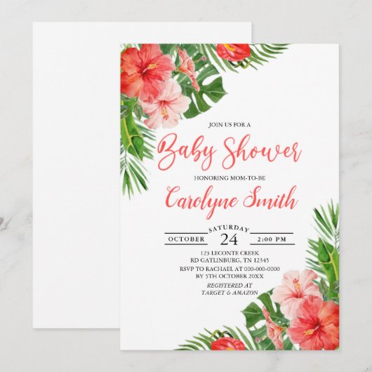 Invitation Baby shower d'aquarelle à cadre floral tropical (Devant / Derrière)
