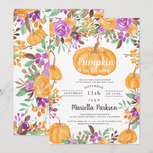 Invitation Baby shower d'aquarelle à cascade à citrouille Flo (Devant / Derrière)