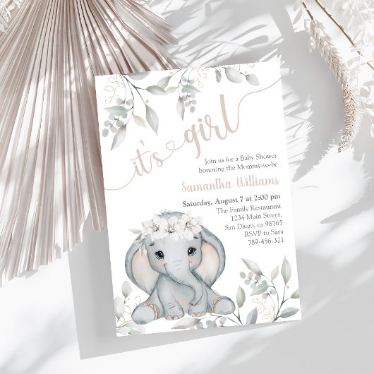 Invitation Baby shower d'aquarelle à l'éléphant et aux fleurs