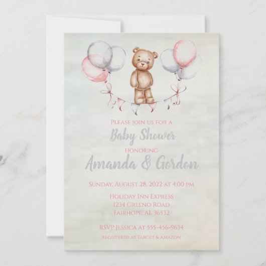 Invitation Baby shower d'aquarelle à l'ours en pel (Devant)