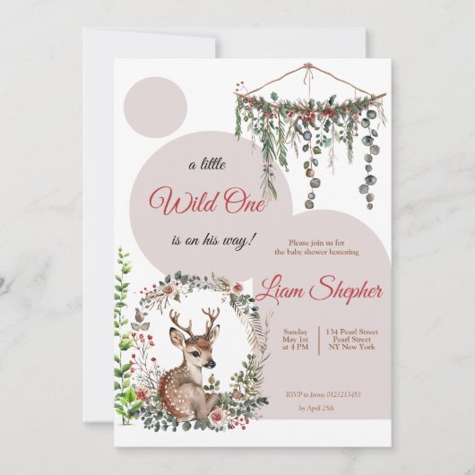 Invitation Baby shower d'aquarelle à thème forestier modifiab (Devant)