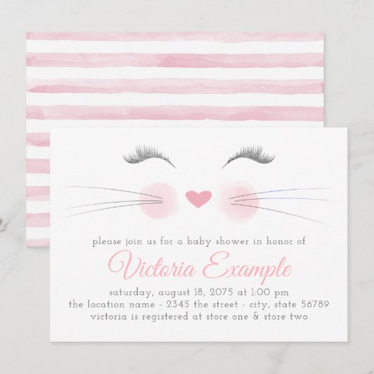 Invitation Baby shower d'aquarelle à visage de fille Kitten (Devant / Derrière)