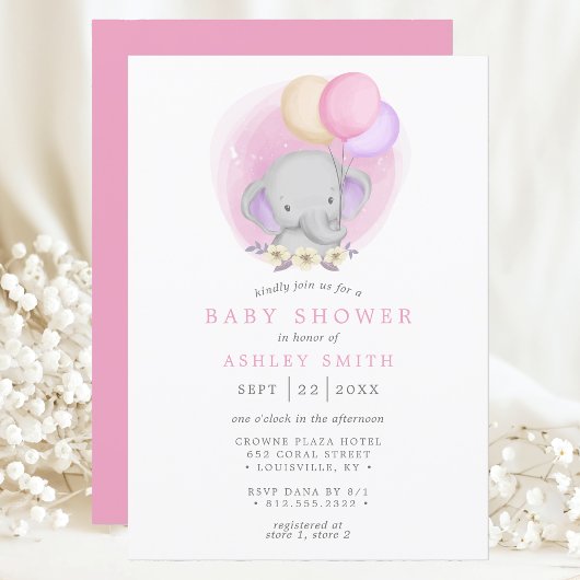Invitation Baby shower d'aquarelle aux ballons floraux élépha