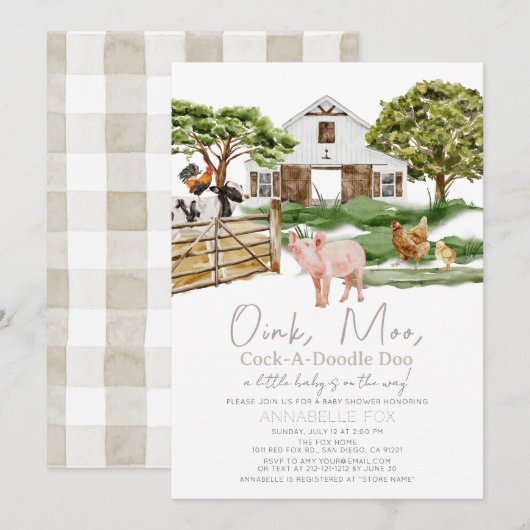 Invitation Baby shower d'aquarelle Barnyard (Devant / Derrière)