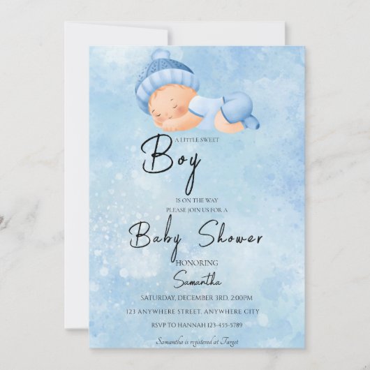 Invitation Baby shower d'aquarelle bleu (Devant)