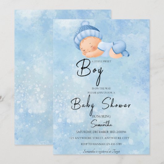 Invitation Baby shower d'aquarelle bleu (Devant / Derrière)